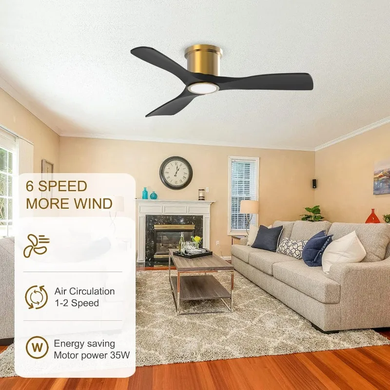 52 Inch Smart Ceiling Fan, Indoor 3 Blade Black Gold Low Profile Flush Mount Modern Ceiling Fan for Bedroom Living simple Room