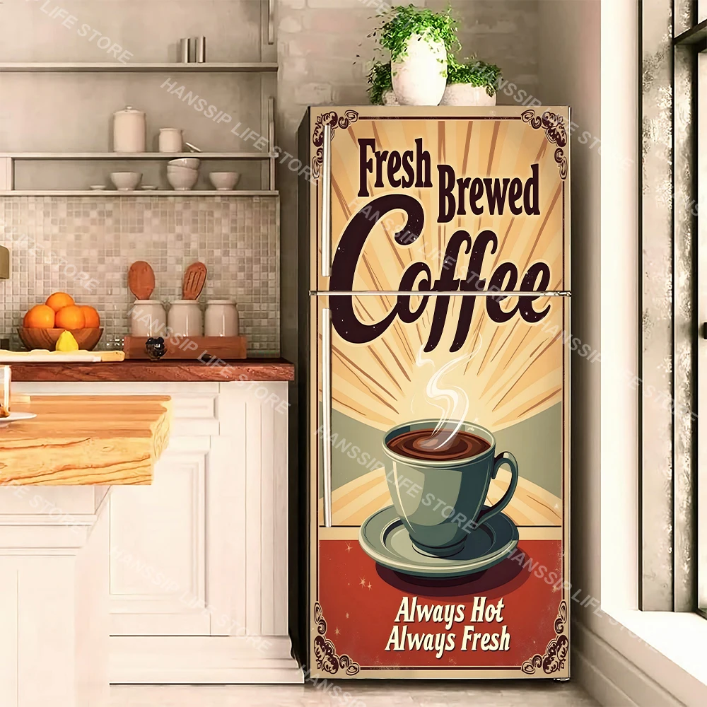 Retro Coffee Background Fridge Door Sticker Waterproof PVC Refrigerator Wallpaper Vintage Coffee Poster Kitchen Cabinet Decals view 5