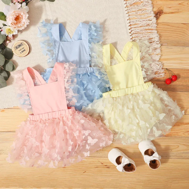 

Summer 2024 New Born Baby Cute Solid Color Fly Sleeve Rompers Girls Butterfly Mesh Princess Dress 0-12M Toddler Onesies