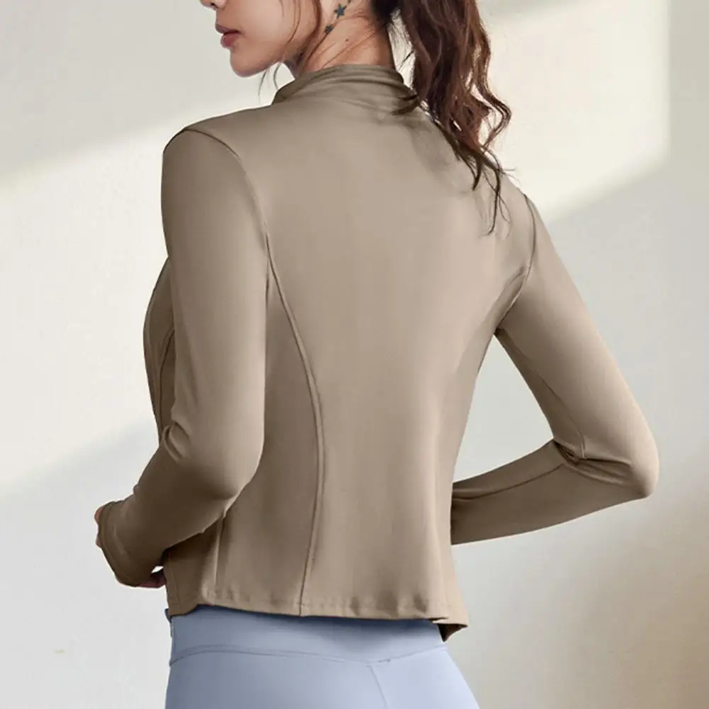 Women Sports Top Stand Collar Zip Up Jacket Cardigan Sweat Absorption Soft Thin Elastic Slim Fit Quick Dry Lady Jogging Gym Coat