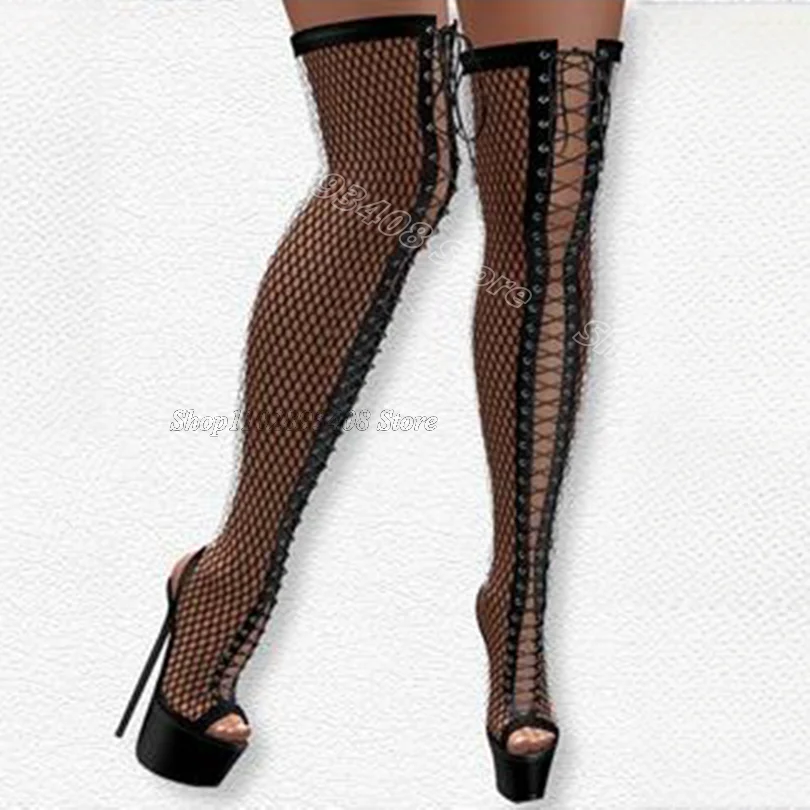 

Black Net Slingback Stiletto Boots Platform Open Toe Lace up Solid British Style Women Over Knee Boots 2024 Zapatos Para Mujere