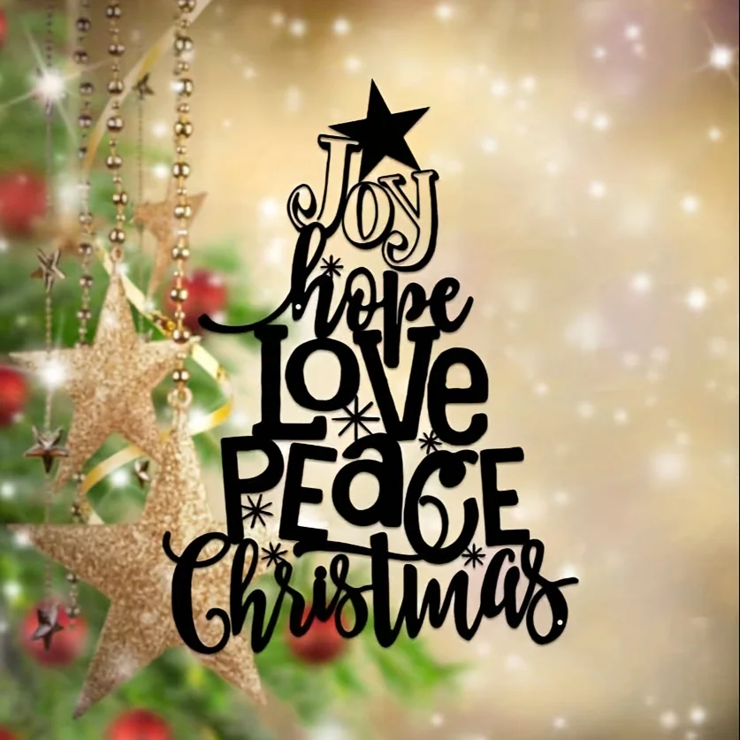 1Pc Black Joy Hope Love Peace Christmas Tree Metal Wall Art, Christmas Home Decoration, Home Art Iron Crafts Decoration, Metal Wall Art, Iron Decoration, Metal Crafts, Modern Wall Decoration, Room Living Room Nursery Bedroom Decoration