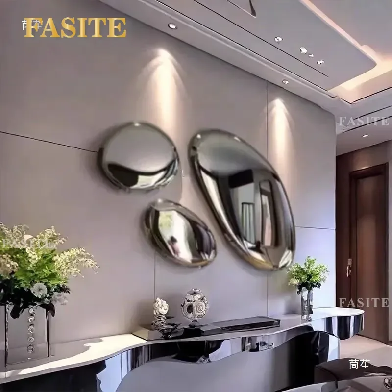 For Contemporary Stainless Steel Water Drop Mirror Wall Hanging Pebble Head Decoration Modern Restaurant Model Room Soft