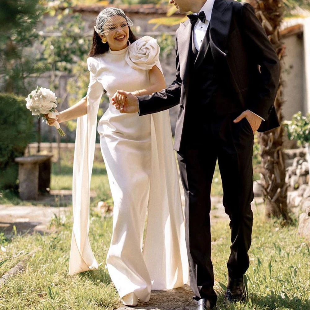 

Свадебное платье-футляр цвета слоновой кости на заказ, свадебные платья с круглым вырезом для невест, с длинными рукавами и цветком длиной до пола, свадебное платье в Саудовской Аравии