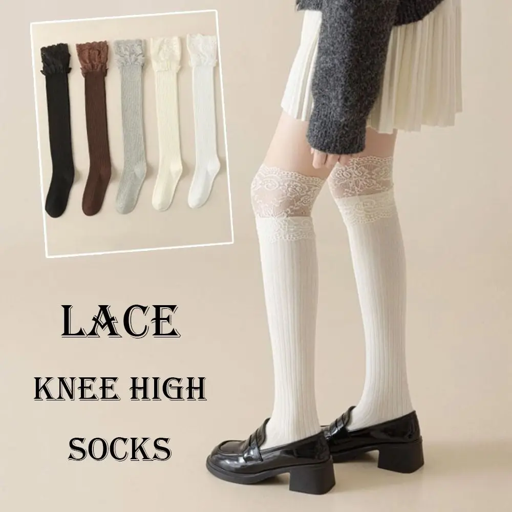 

Solid Color Women's Long Socks Soft Lace Trim Girl's Stacked Socks Comfortable Over-the-knee Knee High Socks Autumn/Winter