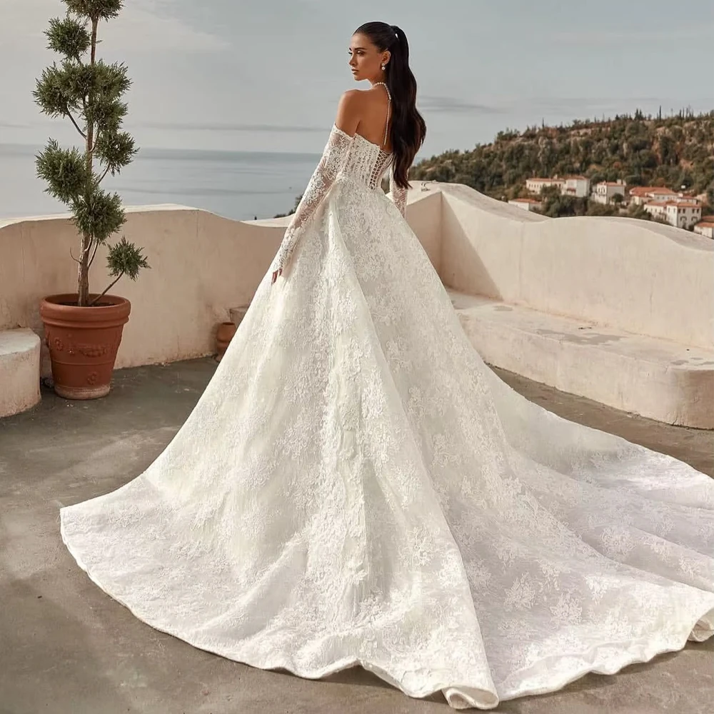 فستان زفاف دانتيل مخصص للنساء كم طويل Estilo Princesa Elegantes أبيض مفصل فستان زفاف Abiti