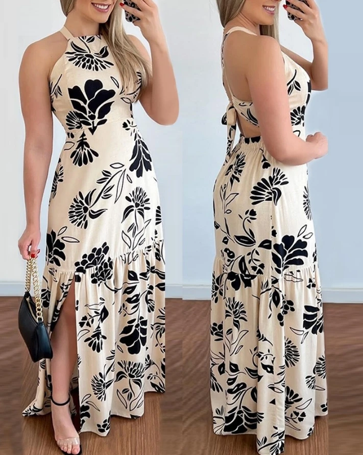 

Dress 2024 Summer Latest Casual Simple Asymmetric Neck Sleeveless Floral Print Slit Tied Detail Daily Vacation Maxi Dress