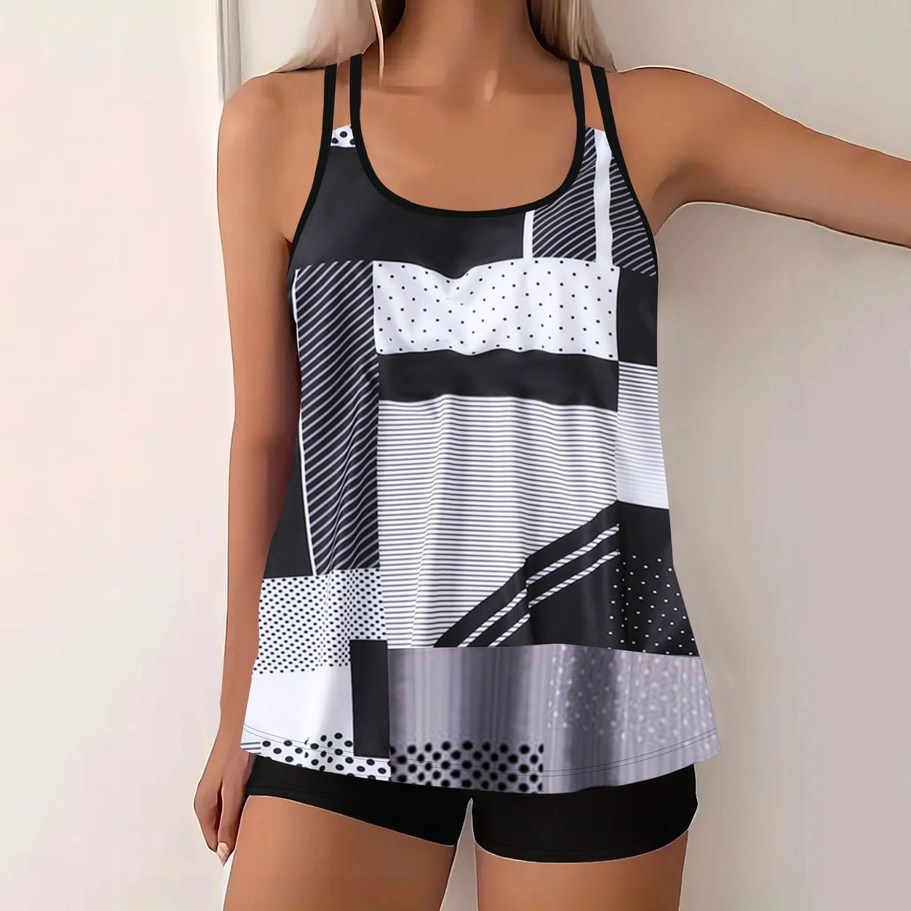 Women's Summer Vacation Tankini Set - High Stretch Crew Neck Swimsuit with Random Print, Knit Fabric 2 Piece Tropical Bikini