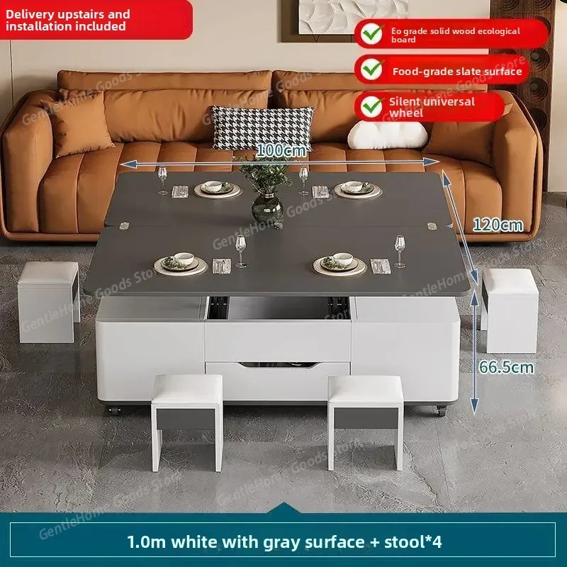 

Medieval Solid Wood Coffee Table Dining Table Two-in-one Lifting Multi-functional One-in-one Dual-purpose Living Room Rock Slab
