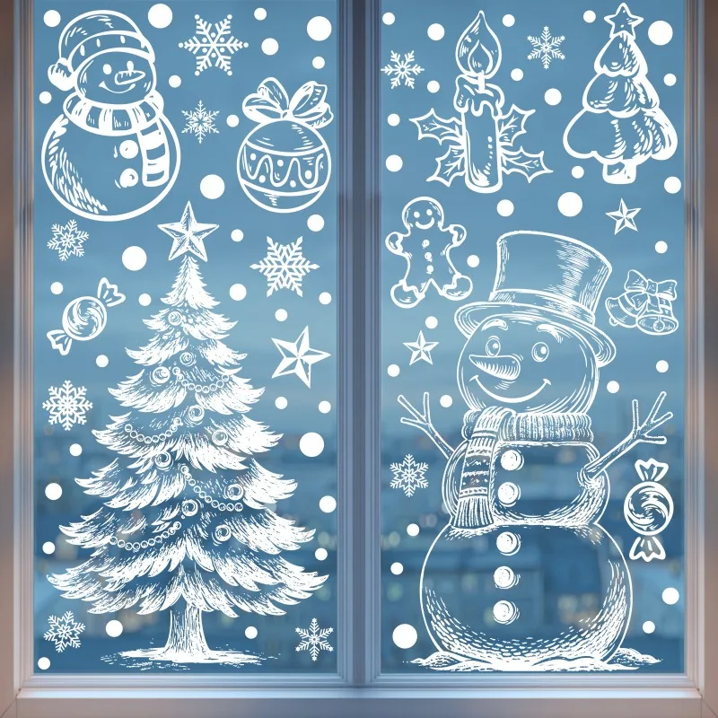 2PCS Christmas Party Sticker PVC White Hollow‑out Christmas Party Sticker Holiday Pattern Static Window Cling Glass Window Home