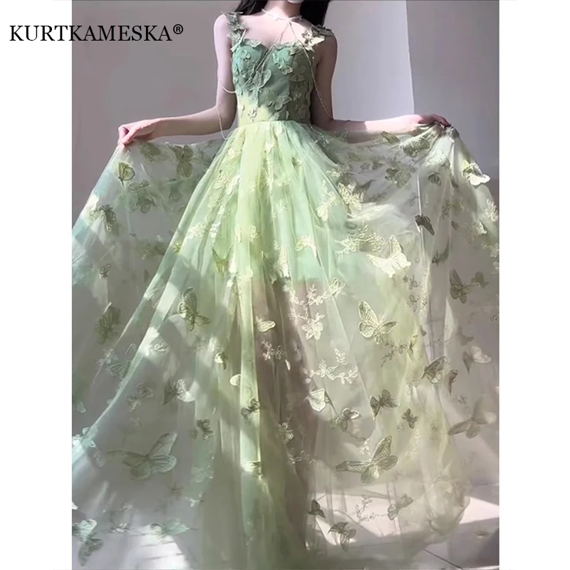 Green Long Luxury Evening Dress Butterfly Embroidery Ball Birthday Dress 2024 New Maxi Party Dresses for Women Wedding Shooting