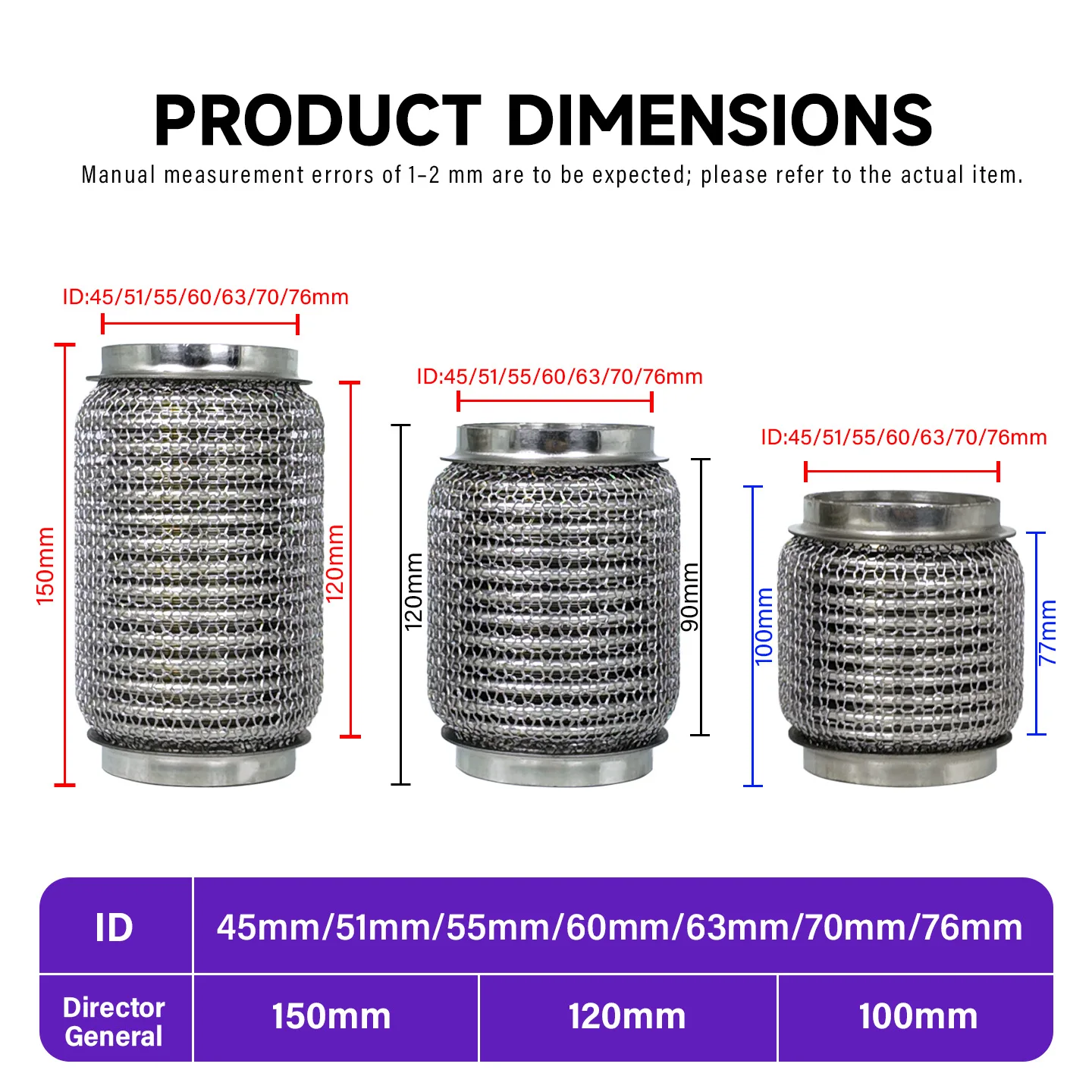 304 Stainless Steel Flexible Hose for Car Exhaust Pipe, 51, 55, 63, 70, 76mm Diameter, Three-Way Catalytic Converter Flex Joint