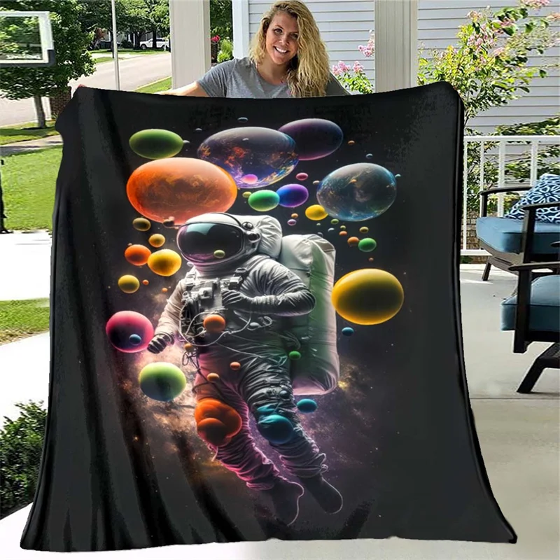 Space Astronaut Colorful Planets Print Flannel Blanket Soft Lightweight Throw Blanket for Sofa Bed Couch All‑Season Cozy Blanket