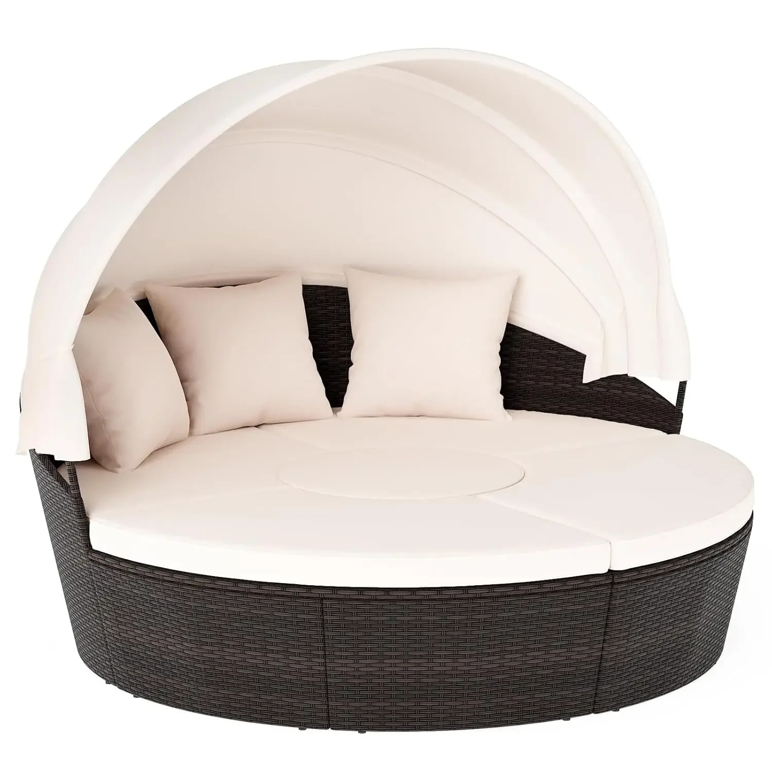 

Patio Round Daybed with Retractable Canopy, PE Rattan Cushioned Sectional Seating with Center Table, Sofas, Couch & Throw Pillow