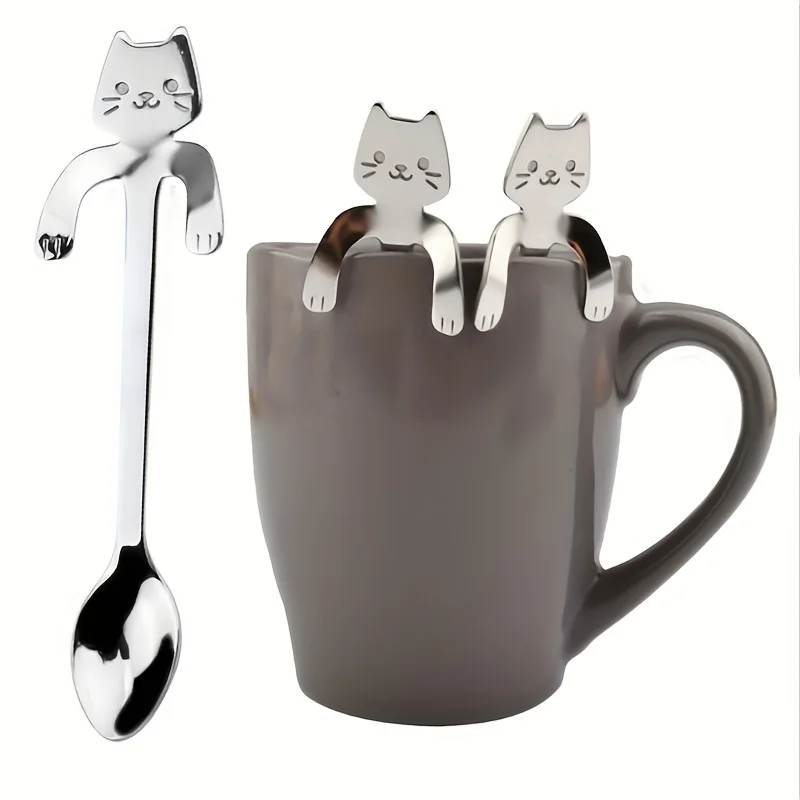 

4Pcs Stainless Steel Coffee Spoon Cute Cat Shape Teaspoon Ice Cream Mini Spoons Tableware Kitchen Tools Holiday Gift