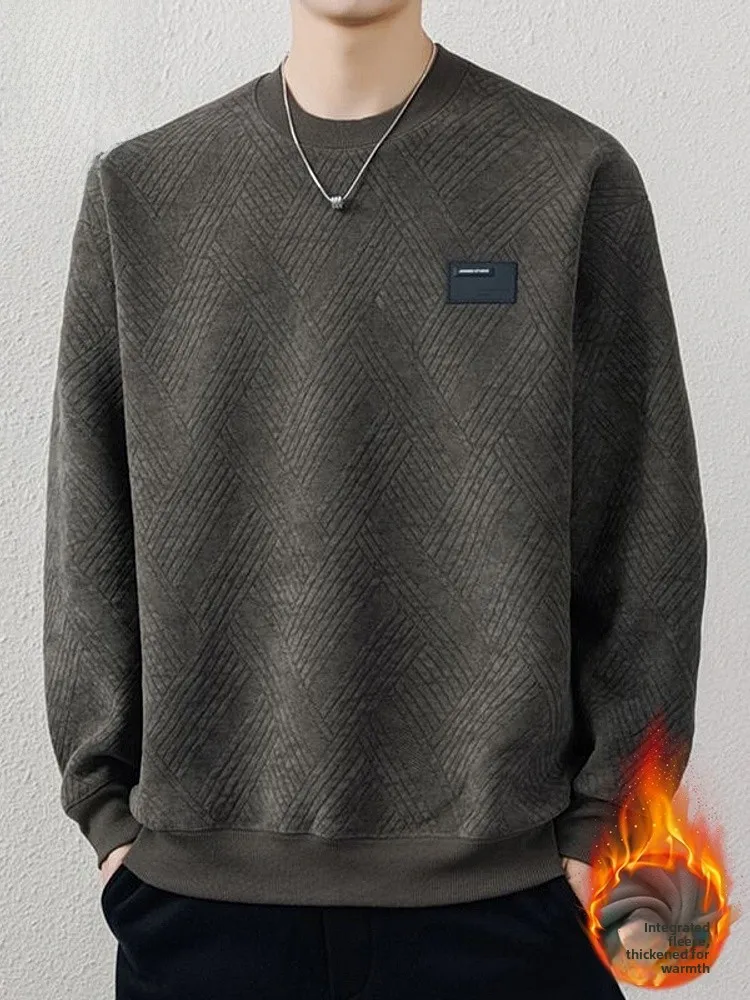 

Мужская толстовка свободного кроя с круглым вырезом и длинными рукавами, на флисовой подкладке, теплая зимняя базовая футболка из полиэстера для повседневной носки