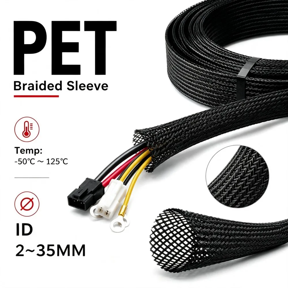 Black PET Braided Cable Sleeve 1 Meter ID 2-35mm Braided Cable Sheath Expandable Insulated Dust Protection Wire Harness Sleeve