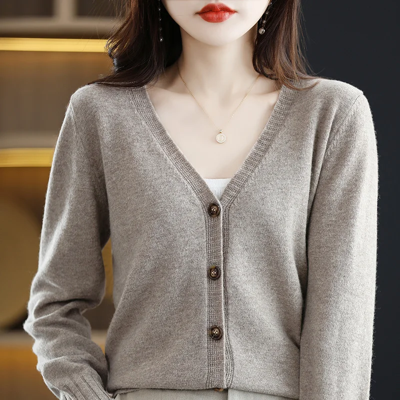 Women\'s Cardigan 100% Merino Wool Knitted Sweater Chic Top Causal Long Sleeve Loose Large Size Women Shirt Spring Autumn