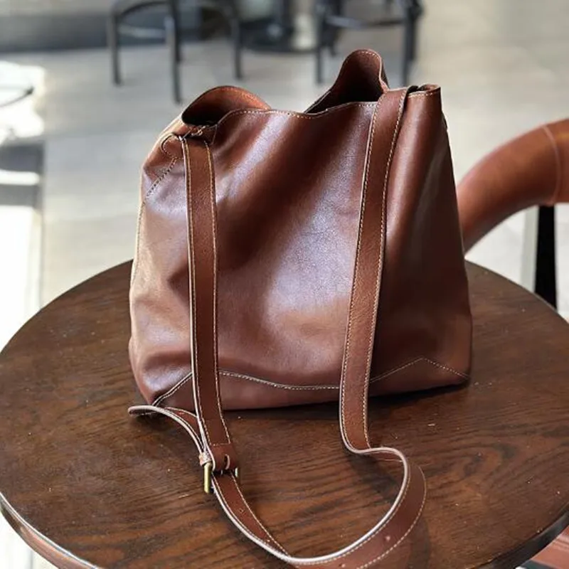 Japan and South Korea Leather female cowhide vintage Tote bag Large capacity cowhide shopping bag single shoulder crossbody bag