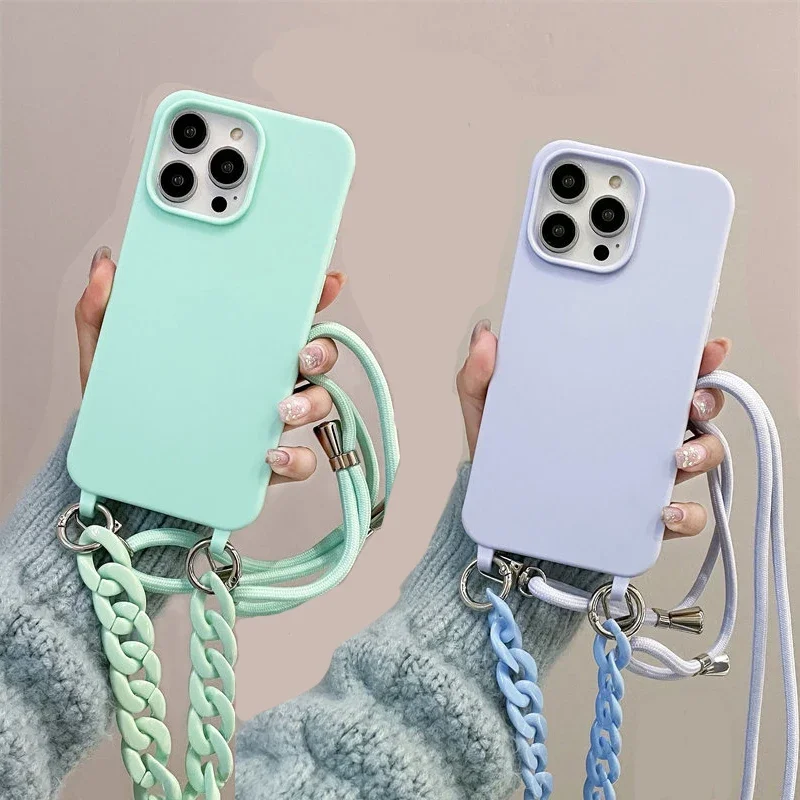 Candy colored crossbody strap phone case suitable for iPhone 15 14 13 12 11 Pro Max Plus necklace with soft silicone back cover