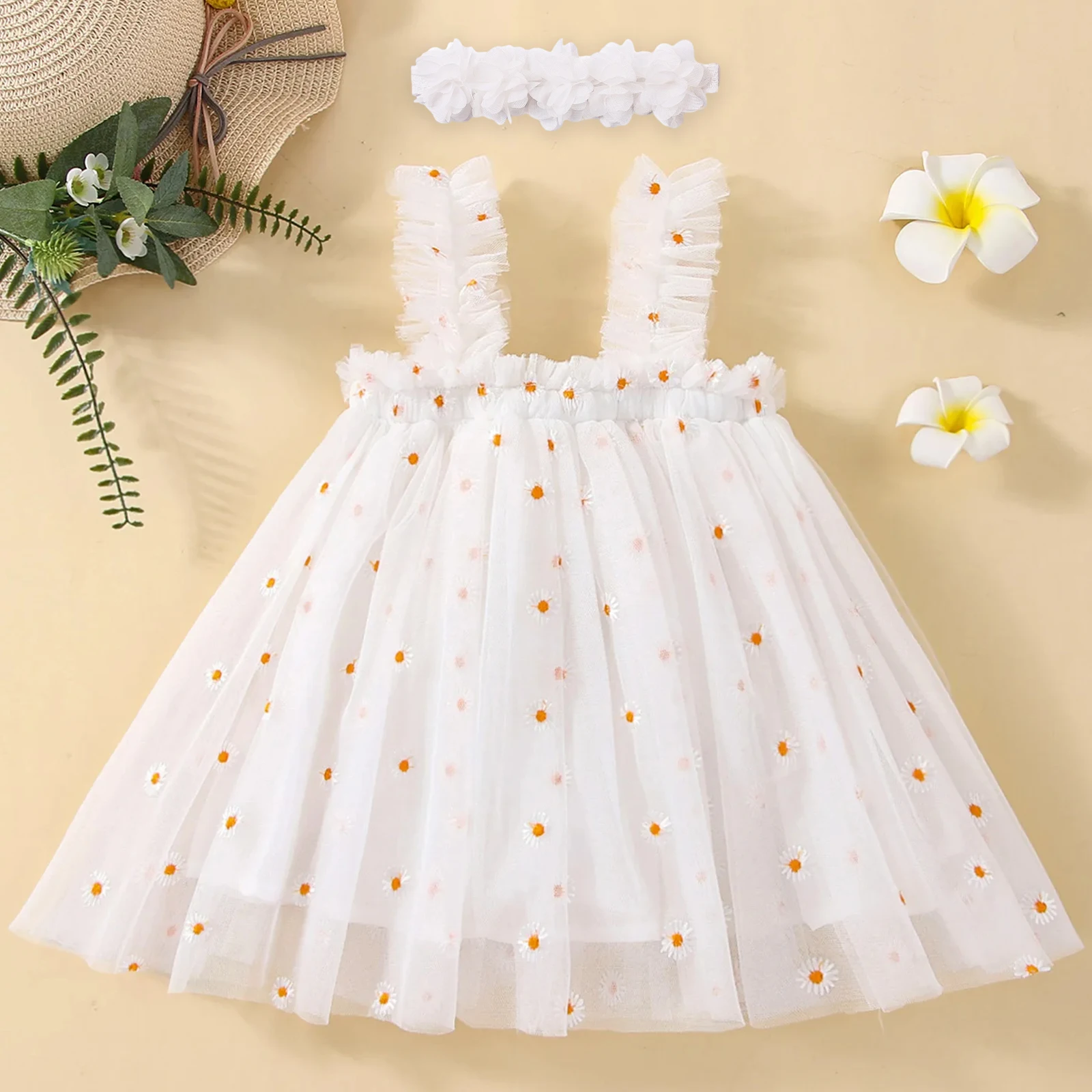 Summer Daisy Floral Baby Girls Tulle Dress Kid Birthday Party Dress Sleeveless Toddler Girl Princess Daisy Dress With Headband