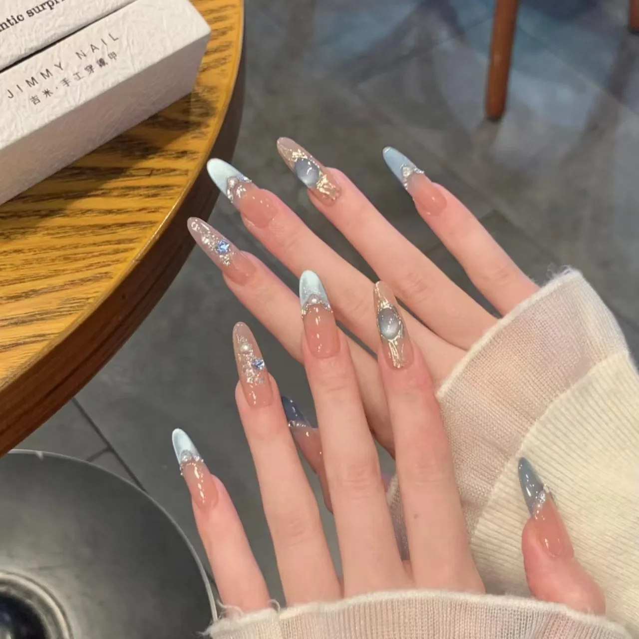 10 Uds. De uñas postizas hechas a mano con diseño de ojo de gato azul, uñas postizas con diseño de diamante brillante, uñas postizas desmontables de almendra dulce