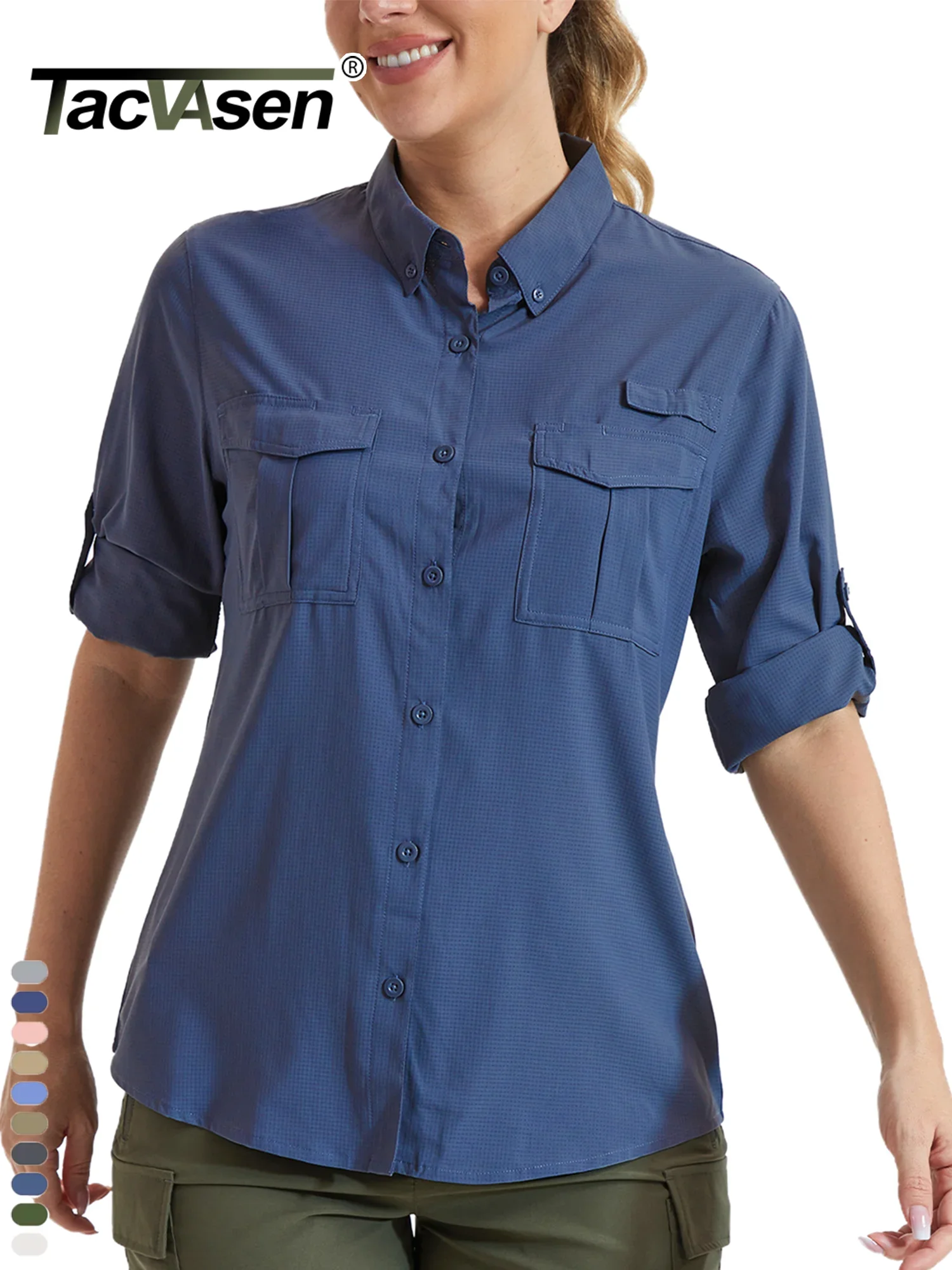 TACVASEN Camiseta de caminata y pesca para mujeres manga larga con botones para acampar y actividades al aire libre, protección solar y transpirable
