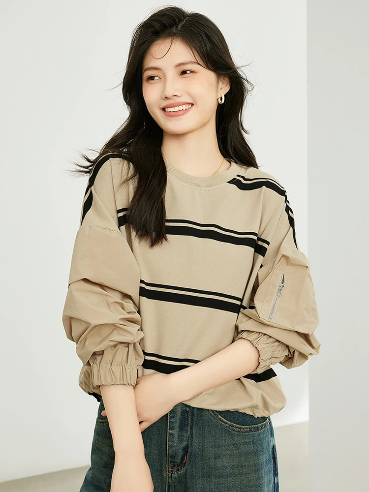 Fashion O-Neck Striped Sweatshirts Oversized Short Tops Spring Autumn Long Sleeve Pullovers Designer Zipper Sleeve Jumper Trendy
