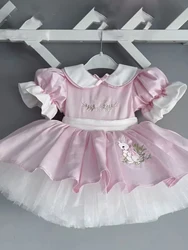 Baby Girl Summer Rabbit Embroidery Pink Turkish Dress for Birthday Holiday Photography Eid Party Casual B52