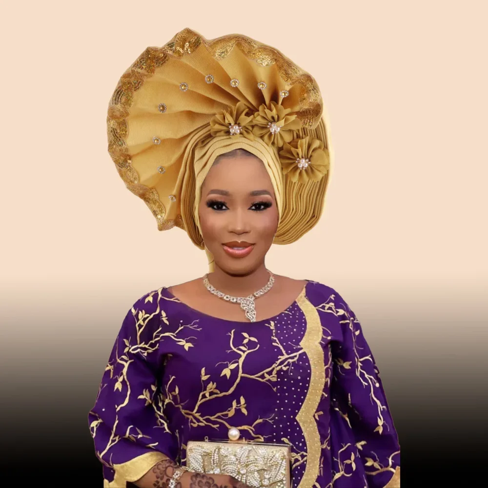

Shinning Bead Stones 3D Turban Cap For Women Ready Female Head Wraps African Auto Geles Aso Oke Headtie Already Made Headties WF