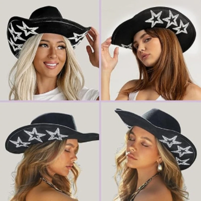 Stylowa gwiazda z kryształu górskiego czapka kowbojka damska z dużym rondem Western filc kapelusz kowbojski dla występ na scenie kapelusz Fedora klubu — zdjęcie 6