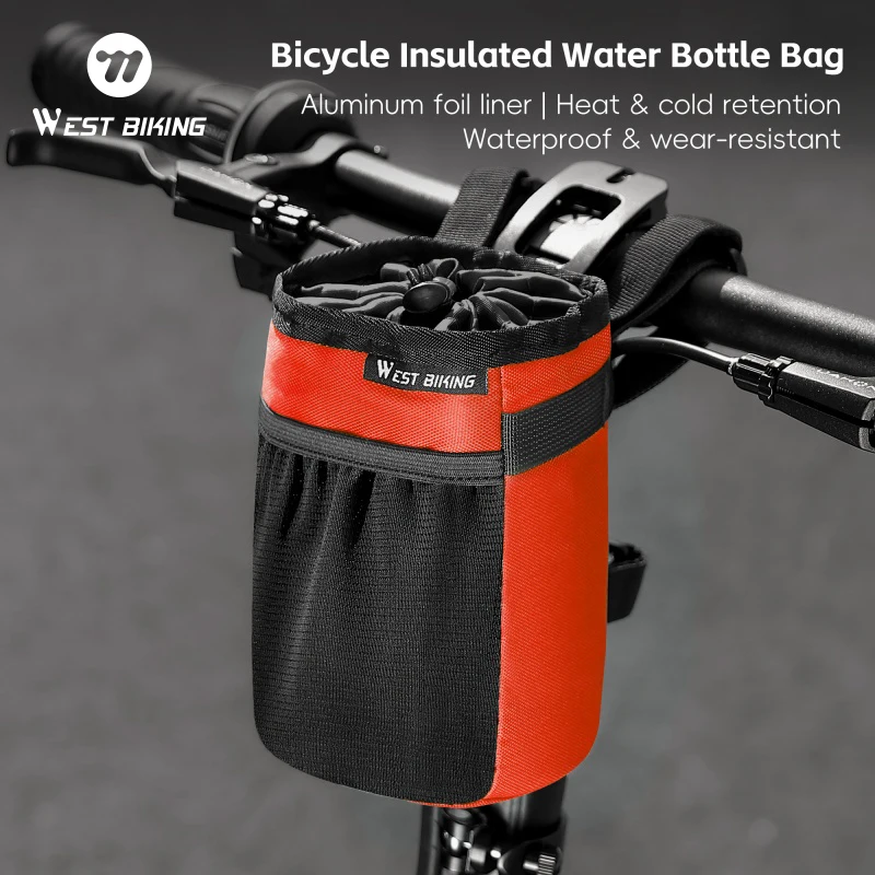 West Biking Isolierte Wasserflaschentasche für den Lenker, Kälte-Wärme-Speicherung, wasserdichte Tasche mit Seitentasche, Fahrrad-Aufbewahrungszubehör
