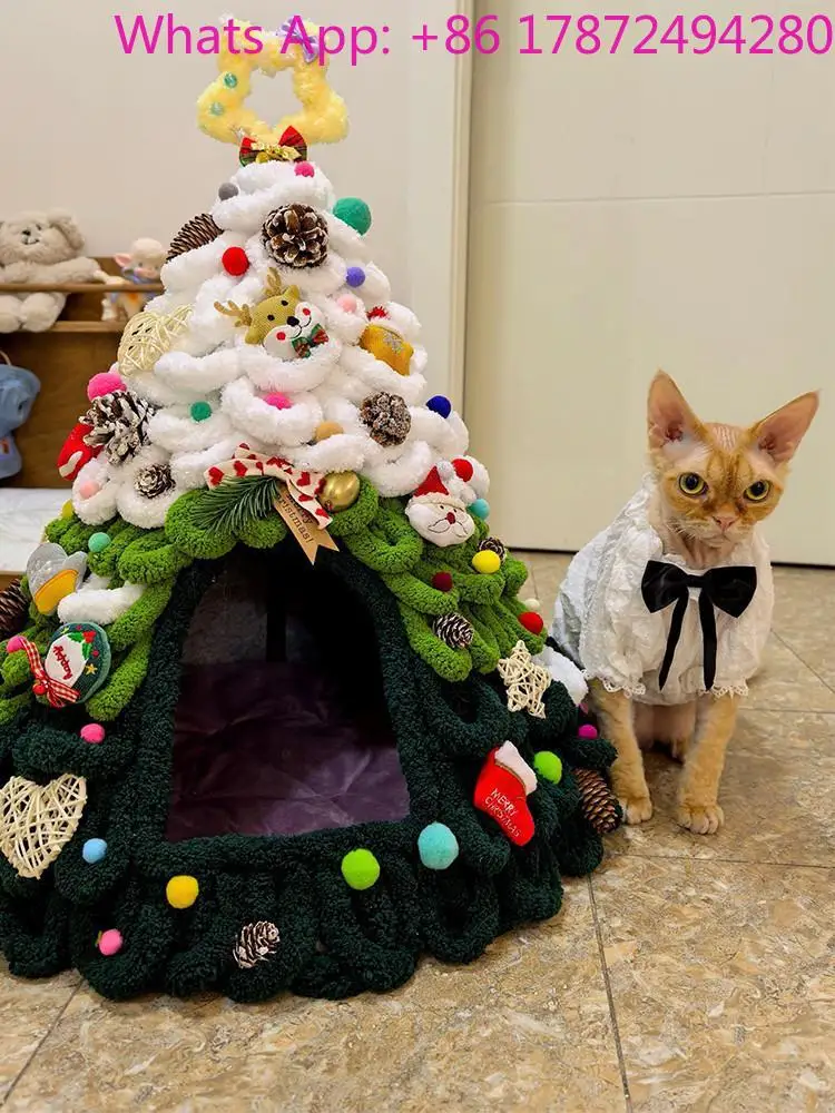 Luxury Customized Winter Warm Cat Igloo Bed Breathable Small Pet Nest Christmas Tree Print Washable Plush Cloth Dog Sleeping