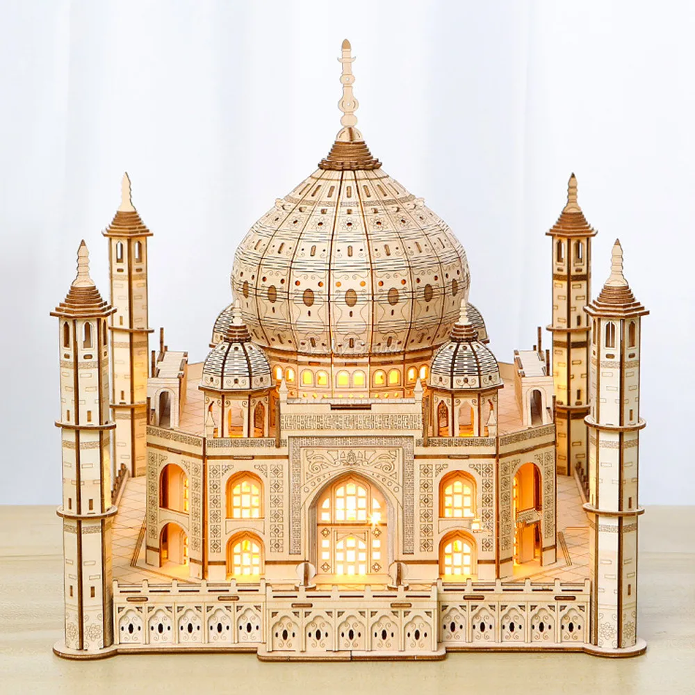 3D Puzzle Casa Modelo de Madeira com Montagem de Luz Brinquedo para Crianças e Adultos, Castelo Real, Kits DIY, Decoração Presentes, Taj Mahal