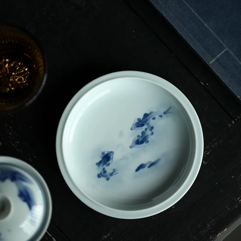 Jingdezhen Ceramic Blue and White Swimming Fish Water Drop Container Pot Tray High-End Hand-Painted Tea Table Pot Mat Tureen Tra