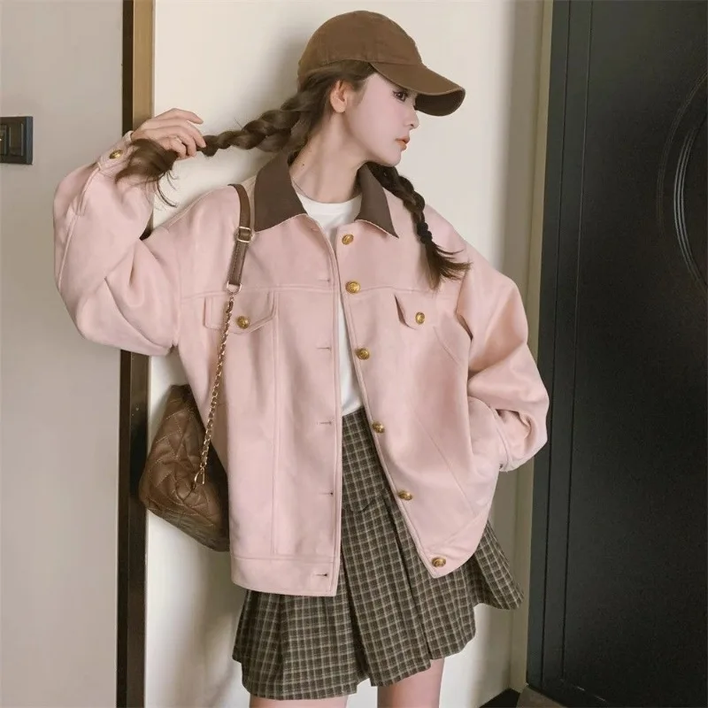 

25 Pink Short Work Jacket New Loose Casual Jackets Retro Cardigan Top Back-to-School Season Spring Coat Women's Clothing Simple
