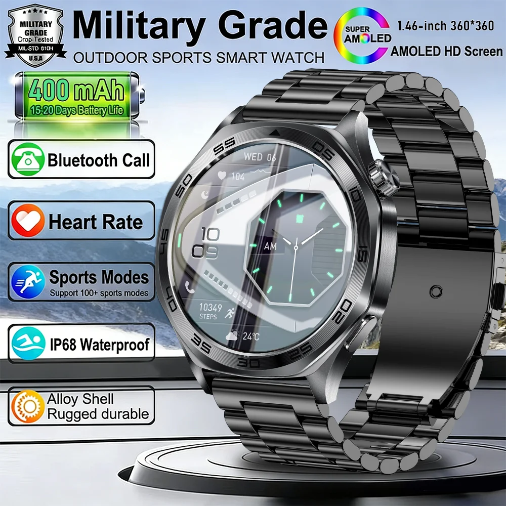 

2026 Men Smart Watch 1.46inch LED Flashlight BT Calling Outdoor Sports Compass Health Monitoring 400mAh Large Battery Smartwatch