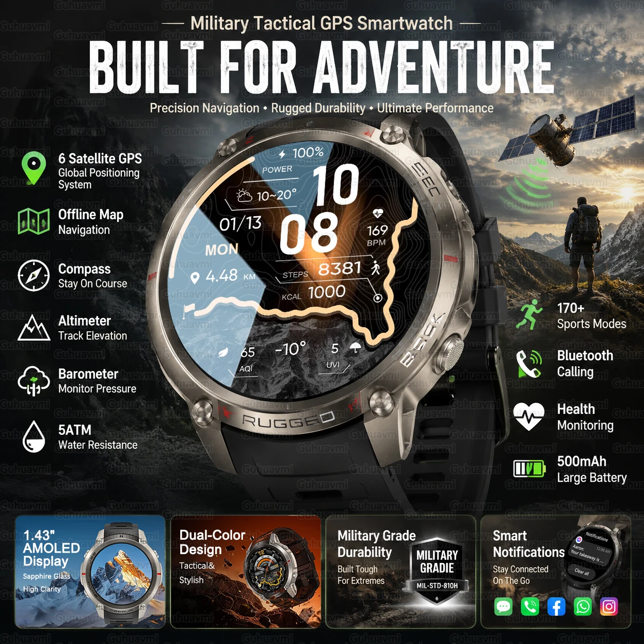 

Military GPS Smart Watch Men Outdoor Sports Compass Offline Map 5ATM Waterproof Heart Rate Fitness Tracker Swim Smart Bracelet