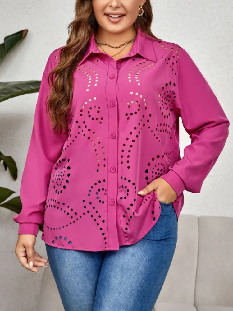 Plus Size Causal Shirts Women Turn Down Collar Long Sleeves Hollow Out Button Up Office Lady Casual Daily Wear Tops Blouses 4XL