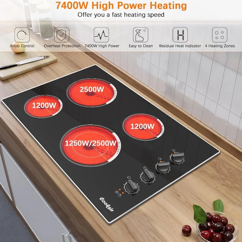 Electric Cooktop 30 Inch, 7400W Built-in Electric Stove Top 4 Burner, 220-240V Ceramic Hob with Glass Protection Metal Frame