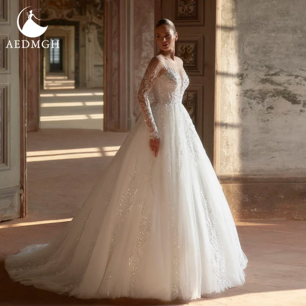 Aedmgh A-Line Elegant Wedding Dresses O-Neck Long Sleeve Vestido De Novia Lace Embroidery Vintage Custom Made Bridal Gown