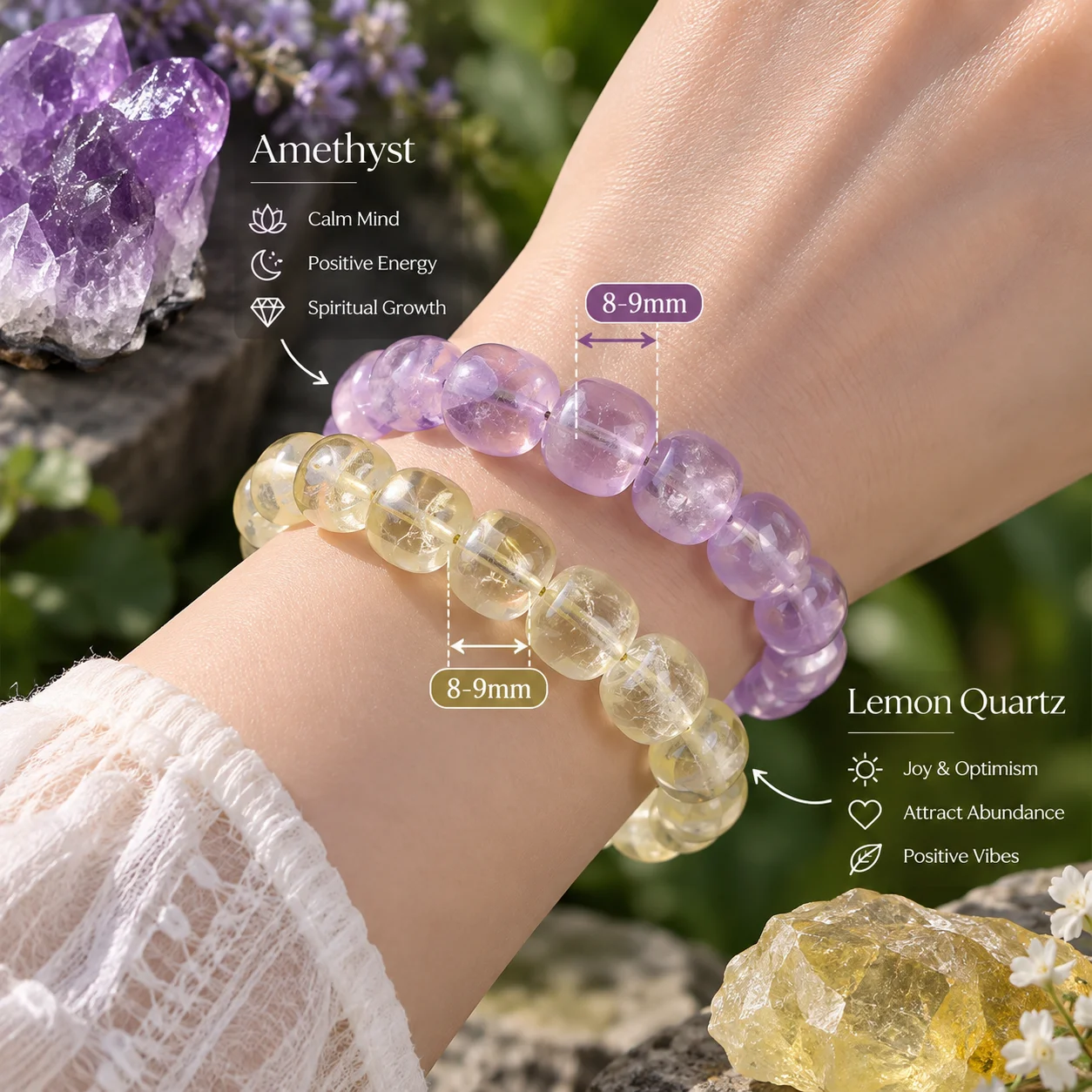 Natural Lemon Quartz Amethyst Bracelets 8-9mm Cube Beads Gemstone Stretch Jewelry Natural Stone Bracelet for Women Birthday Gift