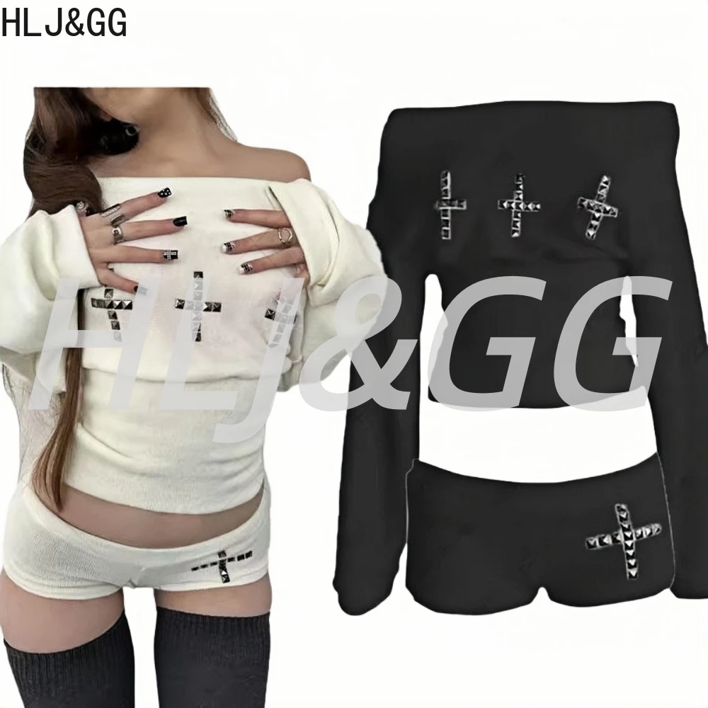 

HLJ&GG Goth American Fashion Off Shoulder 2pcs Sets Women Long Sleeve Crop Top And Shorts Outfit Trend Cross Harajuku Streetwear