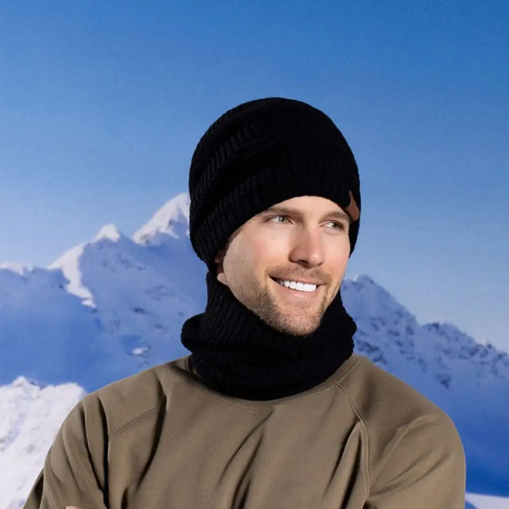 3pcs Solid Color Hat Scarf Gloves Set Wool Thicken Thermal Knit Cap Fleece Lined Neck Protector Winter Beanie Hat Women/men