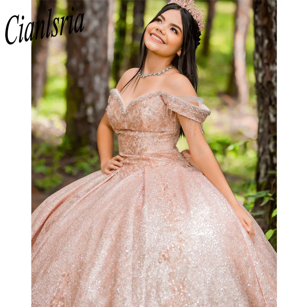 Luxury Rose Gold Quinceanera Dresses Sparkly Beaded Sequins Lace-up Corset Puffy Skirt Princess Debutante Dress for 15 years