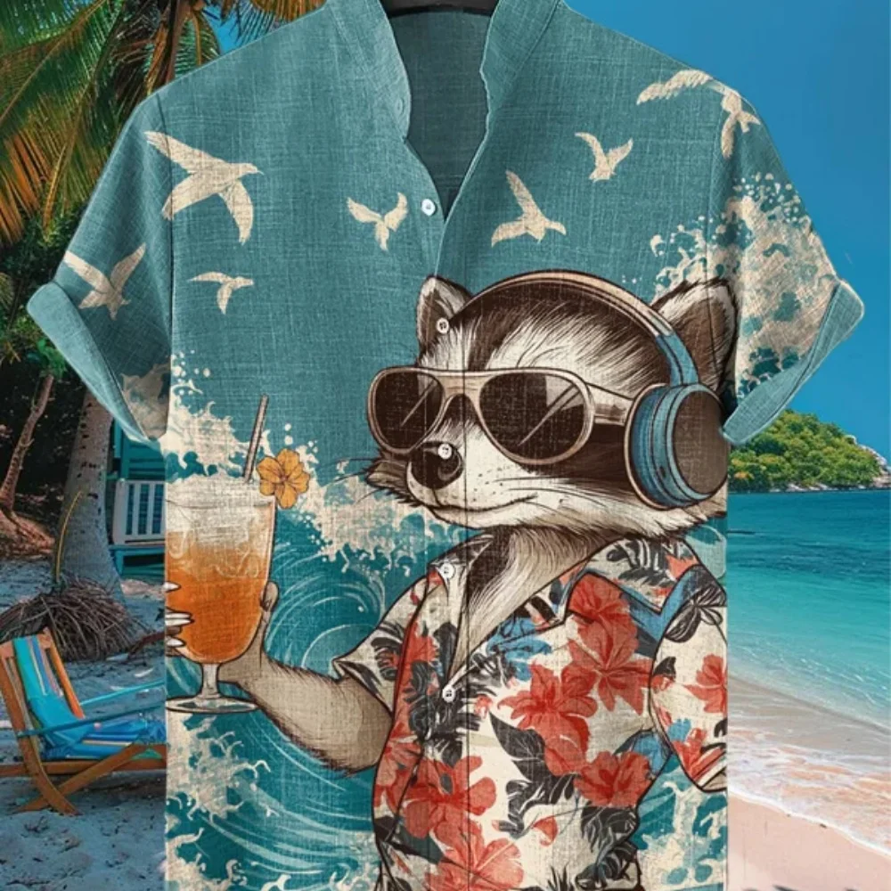 

Hawaiian Men's Casual Shirt Surf Raccoon Print Stand up Collar Cardigan plus Size Fast Shipping