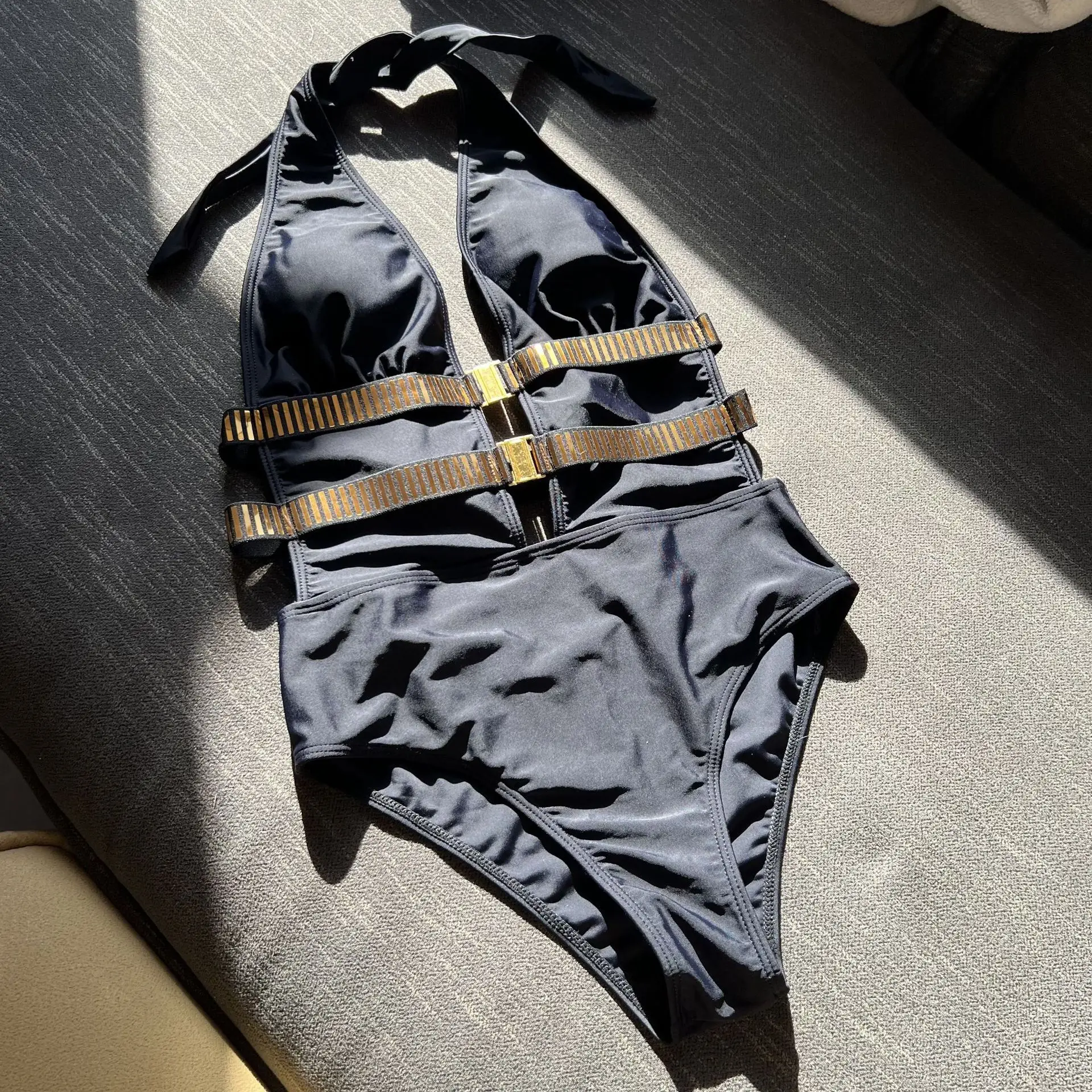

Sexy Black Knitted Patchwork One Piece Swimsuit 2025 Women V Neck Buckle Hollow Out Backless Bathing Suit Tummy Control Swimwear