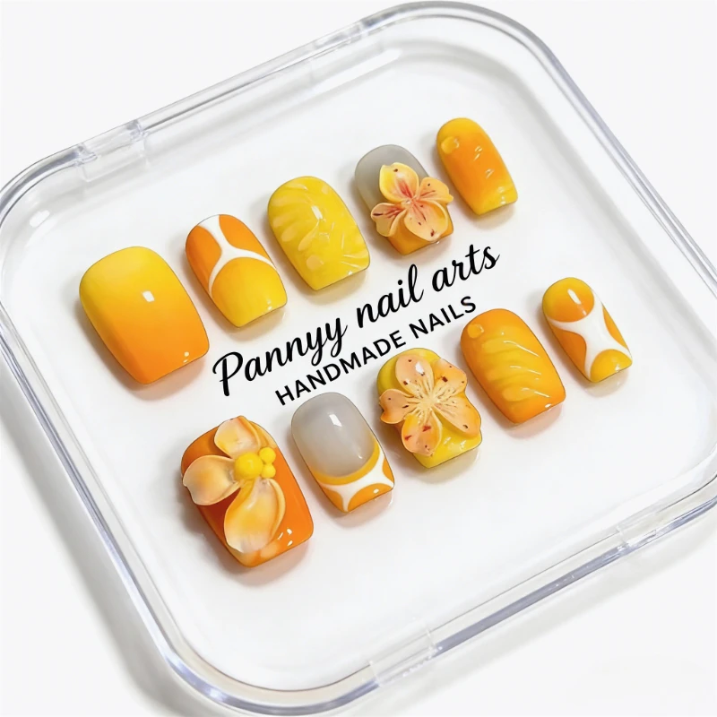 

10pcs Acrylic Nails Press On Handmade Square Sunny Yellow Gradient with 3D Floral Swirl Decor Reusable False Nails for Vacation