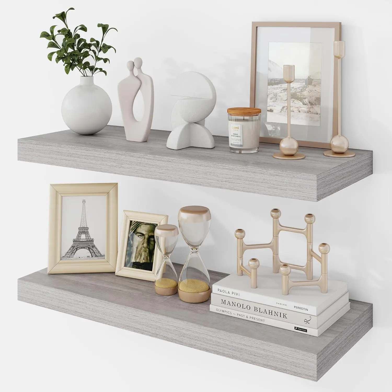 

24 Inch Floating Shelves, 9.3" Deep Wall Mounted, Rustic Gray Set of 2 for Bedroom Living Room Storage