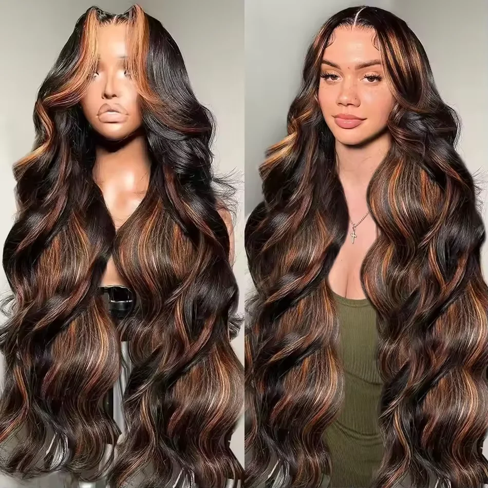 

FB 30 Colored Highlight Body Wave Full Frontal 13x4 13x6 HD Transparent Lace Front Human Hair Wig 46 Inches 200 Desnity